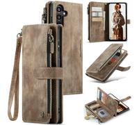 UEEBAI Wallet Case for Samsung Galaxy A15 4G/5G, Premium Handmade PU Leather Phone Case Card Slots Magnetic Closure Zipper Pocket Kickstand Flip Case with Hand Strap - Brown