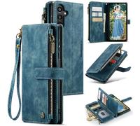 UEEBAI Wallet Case for Samsung Galaxy A15 4G/5G, Premium Handmade PU Leather Phone Case Card Slots Magnetic Closure Zipper Pocket Kickstand Flip Case with Hand Strap - Blue