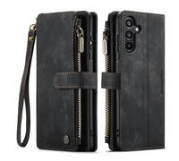UEEBAI Wallet Case for Samsung Galaxy A16 4G/5G, Premium Handmade PU Leather Phone Case Card Slots Magnetic Closure Zipper Pocket Kickstand Flip Case with Hand Strap - Black