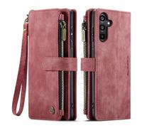 UEEBAI Wallet Case for Samsung Galaxy A16 4G/5G, Premium Handmade PU Leather Phone Case Card Slots Magnetic Closure Zipper Pocket Kickstand Flip Case with Hand Strap - Red