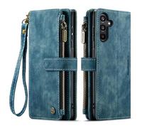 UEEBAI Wallet Case for Samsung Galaxy A16 4G/5G, Premium Handmade PU Leather Phone Case Card Slots Magnetic Closure Zipper Pocket Kickstand Flip Case with Hand Strap - Blue