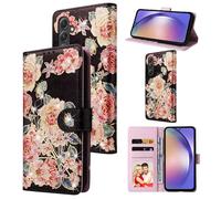 UEEBAI Wallet Case for Samsung Galaxy A17 5G, PU Leather Phone Cover Kickstand RFID Blocking Flip Case Card Slots Wrist Strap Relief Engraved Pattern Magnetic Closure Folio Cover - Black Rose