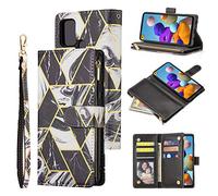 UEEBAI Wallet Case for Samsung Galaxy A21s, Premium PU Leather Magnetic Closure Geometric Marble Pattern Handbag Zipper Pocket Case Kickstand Card Holder Slots Shockproof Flip Cover - Black#2