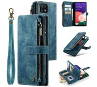 UEEBAI Wallet Case for Samsung Galaxy A22 5G, Premium Handmade PU Leather Phone Case Card Slots Magnetic Closure Zipper Pocket Kickstand Flip Case with Hand Strap - Vintage Blue