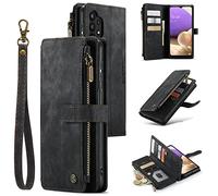 UEEBAI Wallet Case for Samsung Galaxy A32 5G/M32 5G, Premium Handmade PU Leather Phone Case Card Slots Magnetic Closure Zipper Pocket Kickstand Flip Case with Hand Strap - Vintage Black