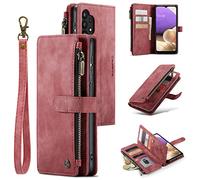 UEEBAI Wallet Case for Samsung Galaxy A32 5G/M32 5G, Premium Handmade PU Leather Phone Case Card Slots Magnetic Closure Zipper Pocket Kickstand Flip Case with Hand Strap - Vintage Red
