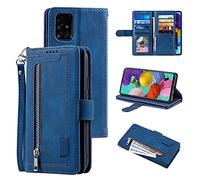 UEEBAI Wallet Case for Samsung Galaxy A51, Retro 9 Card Holder Slots Zipper Pocket Handbag Case PU Leather Magnetic Closure Kickstand with Wrist Strap TPU Shockproof folio Case - Blue