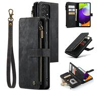 UEEBAI Wallet Case for Samsung Galaxy A52 4G/5G A52S 5G, Premium Handmade PU Leather Phone Case Card Slots Magnetic Closure Zipper Pocket Kickstand Flip Case with Hand Strap - Vintage Black