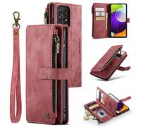 UEEBAI Wallet Case for Samsung Galaxy A52 4G/5G A52S 5G, Premium Handmade PU Leather Phone Case Card Slots Magnetic Closure Zipper Pocket Kickstand Flip Case with Hand Strap - Vintage Red