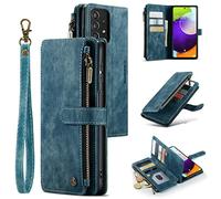 UEEBAI Wallet Case for Samsung Galaxy A52 4G/5G A52S 5G, Premium Handmade PU Leather Phone Case Card Slots Magnetic Closure Zipper Pocket Kickstand Flip Case with Hand Strap - Vintage Blue