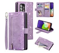 UEEBAI Wallet Case for Samsung Galaxy A52 5G/4G A52S 5G, Retro 9 Card Holder Slots Zipper Pocket Handbag Case PU Leather Magnetic Closure Kickstand Wrist Strap TPU Shockproof folio Case - Bling Purple