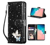 UEEBAI Wallet Case for Samsung Galaxy S10 Plus, Premium Glitter PU Leather Phone Case Card Slots Kickstand Case Magnetic Closure Bling Handbag Case Shockproof Flip Cover with Wrist Strap - Black#