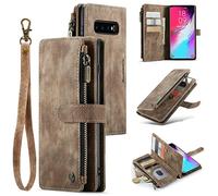 UEEBAI Wallet Case for Samsung Galaxy S10 Plus, Premium Handmade PU Leather Phone Case Card Slots Magnetic Closure Zipper Pocket Kickstand Flip Case with Hand Strap - Vintage Brown