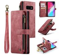 UEEBAI Wallet Case for Samsung Galaxy S10 Plus, Premium Handmade PU Leather Phone Case Card Slots Magnetic Closure Zipper Pocket Kickstand Flip Case with Hand Strap - Vintage Red