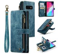 UEEBAI Wallet Case for Samsung Galaxy S10 Plus, Premium Handmade PU Leather Phone Case Card Slots Magnetic Closure Zipper Pocket Kickstand Flip Case with Hand Strap - Vintage Blue