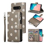 UEEBAI Wallet Case for Samsung Galaxy S10 Plus, Premium PU Leather Magnetic Closure Geometric Marble Pattern Handbag Zipper Pocket Case Kickstand Card Holder Slots Shockproof Flip Cover - Daisy Grey