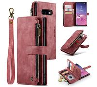 UEEBAI Wallet Case for Samsung Galaxy S10, Premium Handmade PU Leather Phone Case Card Slots Magnetic Closure Zipper Pocket Kickstand Flip Case with Hand Strap - Vintage Red
