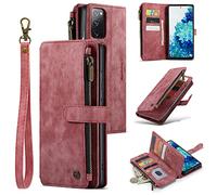 UEEBAI Wallet Case for Samsung Galaxy S20 FE 5G, Premium Handmade PU Leather Phone Case Card Slots Magnetic Closure Zipper Pocket Kickstand Flip Case with Hand Strap - Vintage Red