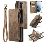 UEEBAI Wallet Case for Samsung Galaxy S21 5G, Premium Handmade PU Leather Phone Case Card Slots Magnetic Closure Zipper Pocket Kickstand Flip Case with Hand Strap - Vintage Brown