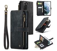 UEEBAI Wallet Case for Samsung Galaxy S21 5G, Premium Handmade PU Leather Phone Case Card Slots Magnetic Closure Zipper Pocket Kickstand Flip Case with Hand Strap - Vintage Black