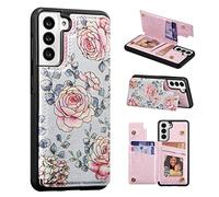 UEEBAI Wallet Case for Samsung Galaxy S21 5G with Card Holders, PU Leather Cover Kickstand RFID Blocking Double Magnetic Clasp rilievo Flower Shockproof Flip Case for Women Girls - Purple Rose