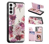 UEEBAI Wallet Case for Samsung Galaxy S21 5G with Card Holders, PU Leather Cover Kickstand RFID Blocking Double Magnetic Clasp rilievo Flower Shockproof Flip Case for Women Girls - White Rose