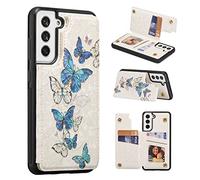UEEBAI Wallet Case for Samsung Galaxy S21 FE 5G with Card Holders, PU Leather Cover Kickstand RFID Blocking Double Magnetic Clasp rilievo Flower Shockproof Flip Case for Women Girls - Blue Butterfly