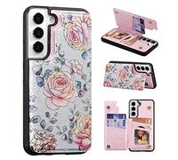 UEEBAI Wallet Case for Samsung Galaxy S21 FE 5G with Card Holders, PU Leather Cover Kickstand RFID Blocking Double Magnetic Clasp rilievo Flower Shockproof Flip Case for Women Girls - Purple Rose