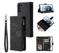 UEEBAI Wallet Case for Samsung Galaxy S21 FE, Premium Vintage PU Leather Magnetic Closure Handbag Zipper Pocket Case Kickstand Card Holder Slots with Wrist Strap TPU Shockproof Flip Cover - Black