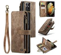 UEEBAI Wallet Case for Samsung Galaxy S21 Ultra 5G, Premium Handmade PU Leather Phone Case Card Slots Magnetic Closure Zipper Pocket Kickstand Flip Case with Hand Strap - Vintage Brown