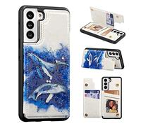 UEEBAI Wallet Case for Samsung Galaxy S22 Plus 5G with Card Holders, PU Leather Cover Kickstand RFID Blocking Double Magnetic Clasp rilievo Flower Shockproof Flip Case for Women Girls - Whale