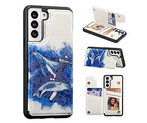 UEEBAI Wallet Case for Samsung Galaxy S22 Plus 5G with Card Holders, PU Leather Cover Kickstand RFID Blocking Double Magnetic Clasp rilievo Flower Shockproof Flip Case for Women Girls - Whale