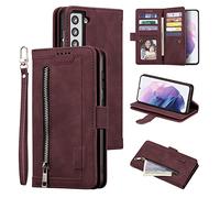 UEEBAI Wallet Case for Samsung Galaxy S23 FE 5G, Retro 9 Card Holder Slots Zipper Pocket Handbag Case PU Leather Magnetic Closure Kickstand with Wrist Strap TPU Shockproof Flip Case - Red Wine