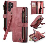 UEEBAI Wallet Case for Samsung Galaxy S23 Ultra 5G, Premium Handmade PU Leather Phone Case Card Slots Magnetic Closure Zipper Pocket Kickstand Flip Case with Hand Strap - Red