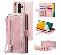 UEEBAI Wallet Case for Samsung Galaxy S25 FE 5G, Retro 9 Card Holder Slots Zipper Pocket Handbag Case PU Leather Magnetic Closure Kickstand Wrist Strap TPU Shockproof Flip Case - Glitter Rose Gold