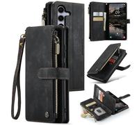 UEEBAI Wallet Case for Samsung Galaxy S25 Plus 5G, Premium Handmade PU Leather Phone Case Card Slots Magnetic Closure Zipper Pocket Kickstand Flip Case with Hand Strap - Black