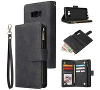 UEEBAI Wallet Case for Samsung Galaxy S8 Plus, PU Leather Case Magnetic Closure Handbag Zipper Pocket Case Kickstand Card Slots with Hand Strap Marple Flip Case for Women - Black