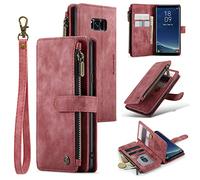UEEBAI Wallet Case for Samsung Galaxy S8, Premium Handmade PU Leather Phone Case Card Slots Magnetic Closure Zipper Pocket Kickstand Flip Case with Hand Strap - Vintage Red