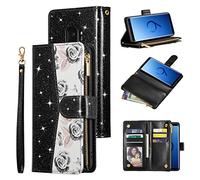 UEEBAI Wallet Case for Samsung Galaxy S9, Glitter PU Leather Magnetic Closure Handbag Zipper Pocket Case Kickstand Card Holder Slots with Wrist Strap TPU Shockproof Flip Cover - Bling Black