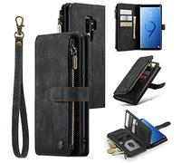 UEEBAI Wallet Case for Samsung Galaxy S9 Plus, Premium Handmade PU Leather Phone Case Card Slots Magnetic Closure Zipper Pocket Kickstand Flip Case with Hand Strap - Vintage Black