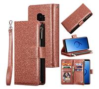 UEEBAI Wallet Case for Samsung Galaxy S9, Premium Glitter PU Leather Case Magnetic Closure Bling Handbag Zipper Pocket Case Kickstand Card Holder Slots Shockproof Flip Cover for Galaxy S9 - Rose Gold
