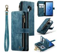 UEEBAI Wallet Case for Samsung Galaxy S9, Premium Handmade PU Leather Phone Case Card Slots Magnetic Closure Zipper Pocket Kickstand Flip Case with Hand Strap - Vintage Blue