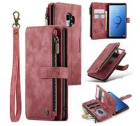 UEEBAI Wallet Case for Samsung Galaxy S9, Premium Handmade PU Leather Phone Case Card Slots Magnetic Closure Zipper Pocket Kickstand Flip Case with Hand Strap - Vintage Red