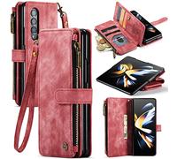 UEEBAI Wallet Case for Samsung Galaxy Z Fold 4 5G, Premium Handmade PU Leather Phone Case Card Slots Magnetic Closure Zipper Pocket Kickstand Flip Case with Hand Strap - Red