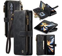 UEEBAI Wallet Case for Samsung Galaxy Z Fold 4 5G, Premium Handmade PU Leather Phone Case Card Slots Magnetic Closure Zipper Pocket Kickstand Flip Case with Hand Strap - Black