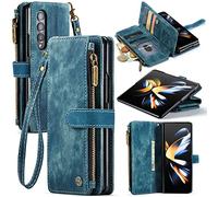 UEEBAI Wallet Case for Samsung Galaxy Z Fold 4 5G, Premium Handmade PU Leather Phone Case Card Slots Magnetic Closure Zipper Pocket Kickstand Flip Case with Hand Strap - Blue