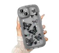 UEEBAI Wave Case for iPhone 13, Cute Bling Butterfly Case for Girl Women, Pretty Glitter Sparkle Stars, Clear Curvy Protective Shockproof Bumper Phone Cover - Black