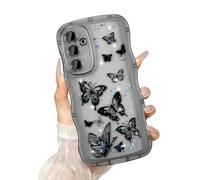 UEEBAI Wave Case for Samsung Galaxy S25, Cute Bling Butterfly Case for Girl Women, Pretty Glitter Sparkle Stars, Clear Curvy Protective Shockproof Bumper Phone Cover - Black