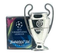 UEFA Champions League Pin Badge Trophy, Budapest 26 Final, 2-Piece Design with Trophy Silhouette and Color Plaque, Fan Merchandise for Jackets Caps Bags Backpacks, Collectible Item, Gift for Men
