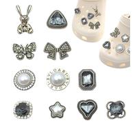 UEIOAVL Decorative Charms, 11 Pieces Butterfly Back Rabbit Shoe Laces Charms Vintage Metal Button Pearl Round Heart (Black & White)